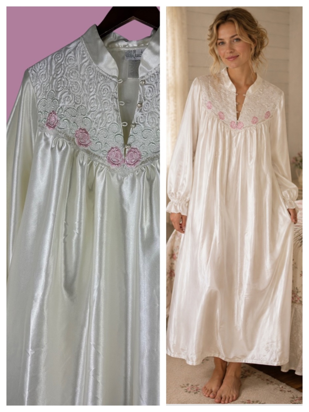 Vtg Character Long Maxi Nightgown Large Satin Silky Ivory Cream Floral Cottage